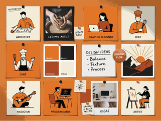 Fototapeta premium Creative Mood Board Illustration with Various Professions and Design Ideas in Orange and White Theme.
