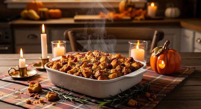 Steaming hot homemade stuffing in white baking dish on table with candles and pumpkin