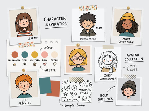 Hand Drawn Character Inspiration Mood Board Featuring Diverse Avatars and Color Palette.