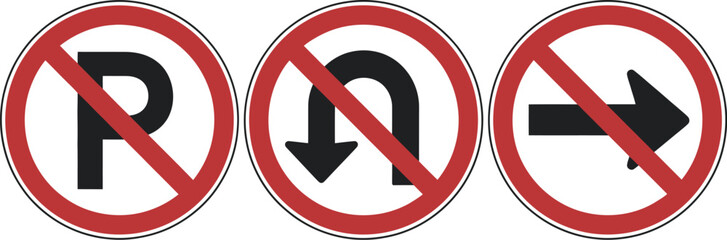 Traffic prohibition signs set, no parking no U turn and no right turn symbols for road safety and traffic management. © Nur