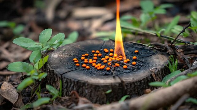 A small fire burns on a tree stump, with orange spheres within. Green foliage surrounds it