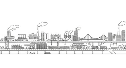 Obraz premium Hand drawn line art illustration of an industrial city skyline with factories and infrastructure.