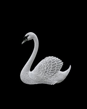 Elegant white lace swan isolated on a black background, featuring intricate ornamental detail, graceful curves and a refined luxury aesthetic.