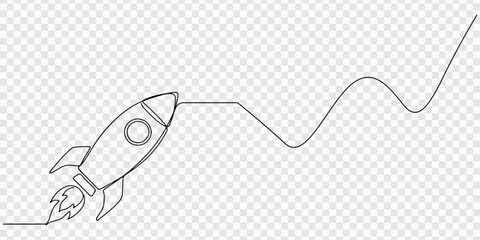 Continuous one line drawing of a rocket ship launching into space with exhaust clouds Vector, illustration, One single line Art drawing of simple vintage rocket takes off into the outer space vector. © line pro