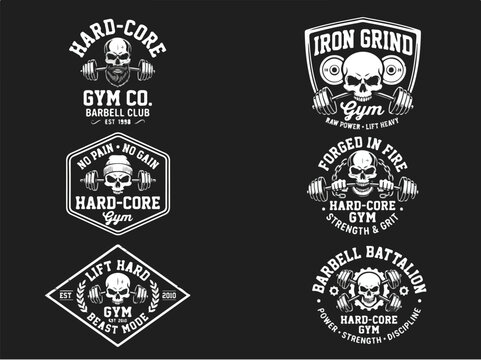 Set of six vintage hardcore gym logos featuring skulls and barbells for bodybuilding and powerlifting fitness club branding.