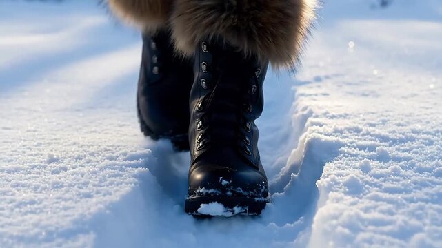 Slow-Motion Close-Up of Warm Boots Making Crisp Prints in Deep Snow