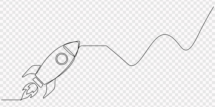 Continuous one line drawing of a rocket ship launching into space with exhaust clouds Vector, illustration, One single line Art drawing of simple vintage rocket takes off into the outer space vector.