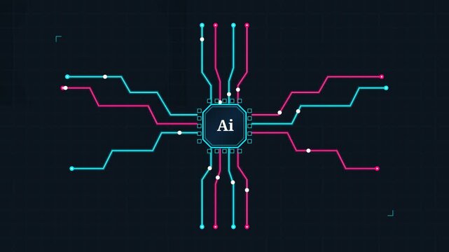 Futuristic 2D cyber HUD animations featuring artificial intelligence interfaces, data-processing microprocessors, and glowing neural circuit rings. Ideal for advanced smart software loaders