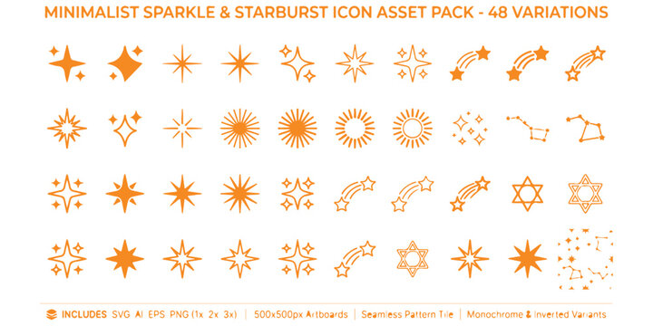 Minimalist sparkle and starburst icon asset pack with forty eight unique graphic variations