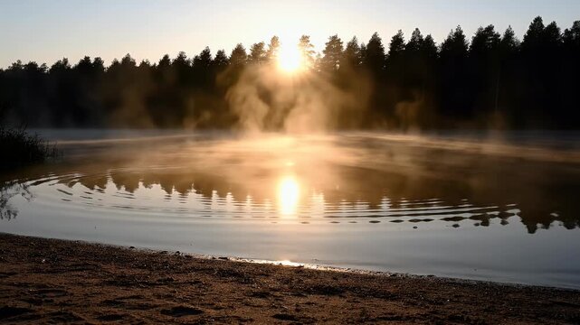Misty lake at sunrise with sunbeams breaking through forest trees