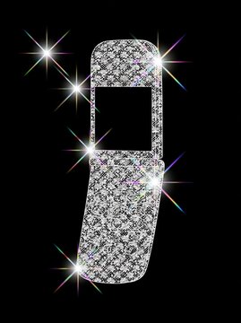Sparkling rhinestone-covered flip phone isolated on a black background, featuring bright starburst highlights and a glamorous retro mobile device aesthetic.