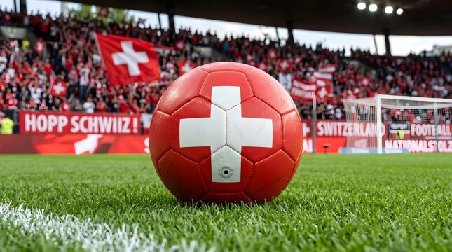 Bright red soccer ball featuring the white Swiss cross symbol resting on a lush green grass pitch during international games