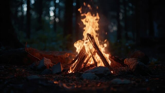A campfire glows brightly in a dark forest, flames dancing with warmth