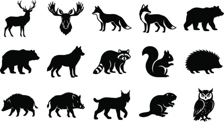 Obraz premium Forest Wildlife Animal Silhouette Collection Featuring Deer Moose Fox Bear Wolf Raccoon Owl and Woodland Nature Elements