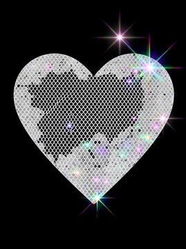 Sparkling silver sequin heart isolated on a black background with glittering star flares, glamorous romantic symbol for love, Valentine&rsquo;s Day, wedding, fashion, and festive design projects.