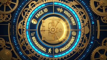 Fototapeta premium Cybersecurity Vault: A futuristic digital vault with intricate gears and glowing blue panels, showcasing biometric security features like face ID, voice print, behavioral analysis.
