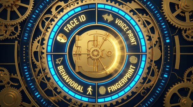 Cybersecurity Vault: A futuristic digital vault with intricate gears and glowing blue panels, showcasing biometric security features like face ID, voice print, behavioral analysis.