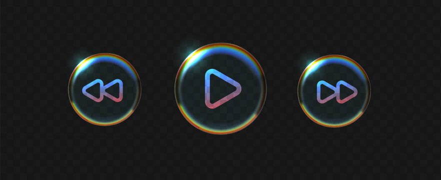Glass button frame with play liquid ios and player holographic 3d. Effect music abstract with white glass blur and green ui shape. Light background glass with transparent round play and button.