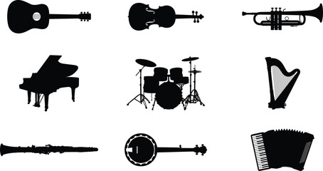 Musical Instrument Silhouette Collection Featuring Guitar Violin Trumpet Piano Drums Harp Banjo Accordion and Woodwind Elements © Joy