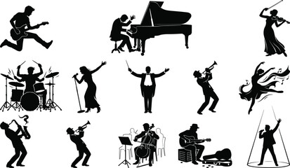 Musician Performance Silhouette Collection Featuring Guitar Piano Violin Drums Trumpet Conductor and Live Music Entertainment Elements © Joy