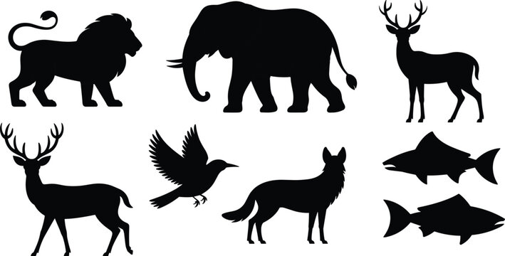 Set of various black animal silhouettes including lion, elephant, deer, wolf, bird, and fish isolated on white