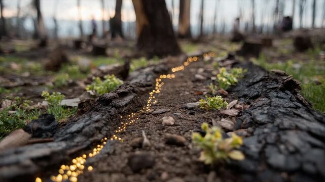 Forest floor scene shows a charred log with a string of lights leading into the blurred background
