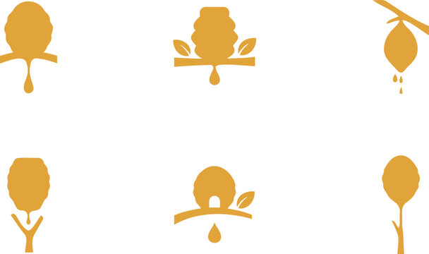 Collection of six stylized golden bee hive and honey drop icons isolated on transparent background