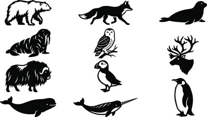Wildlife Animal Silhouette Collection Featuring Bear Fox Seal Walrus Owl Whale and Arctic Species Set © Joy