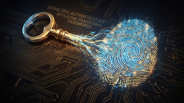 Biometric Key to Security: An antique key extends towards a glowing fingerprint, symbolizing the transition from traditional passwords to advanced biometric authentication.
