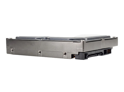 Internal computer hard drive storage device featuring a metallic silver finish and high speed sata connection port displayed against a clean white background in a detailed studio shot captured from a 