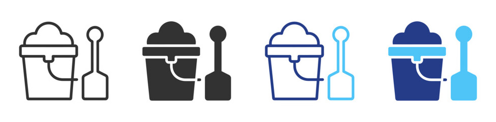 Beach sandcastle icon set in outline and solid style with bucket and shovel symbols on transparent background © TanyaK