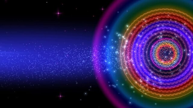 Abstract blue circle with a bright light and lens flare in the dark background.