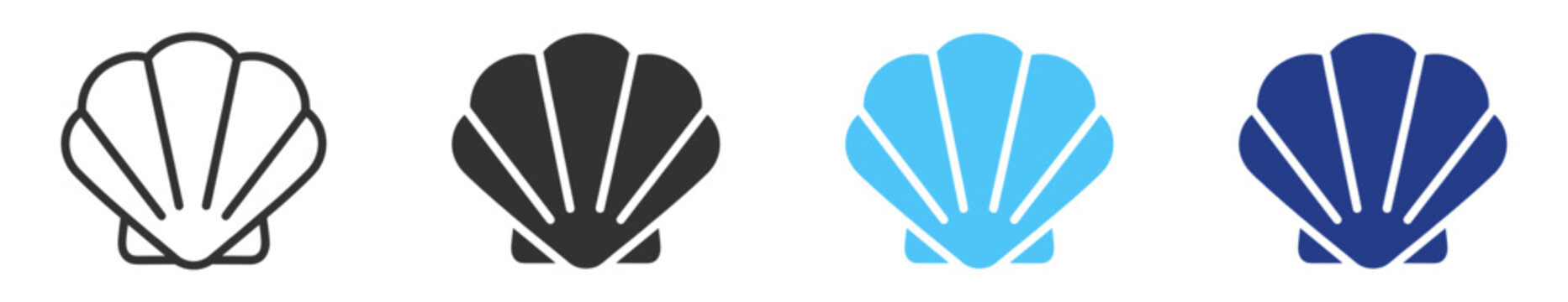 Beach seashell icon set in outline and solid style with summer marine symbols on transparent background