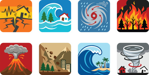 Fototapeta na wymiar Natural disaster icon set featuring earthquake tsunami hurricane wildfire volcanic eruption landslide and tornado vectors