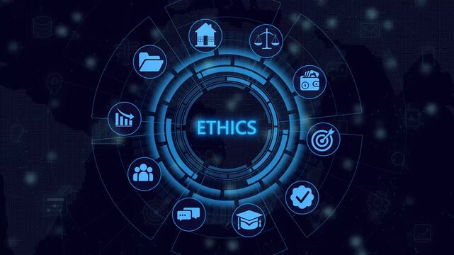 AI ETHICS and secure technology governance. businessman using digital tablet with ai ethics interface and cybersecurity representing ethical artificial intelligence, 4k animated motion video. .