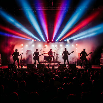 Concert stage with silhouetted band performing under colorful lights