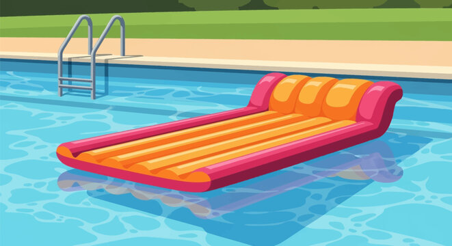 A bright pink and orange inflatable pool mattress floating on the blue surface of a clean swimming pool next to a metal ladder in a backyard setting with green grass and foliage.