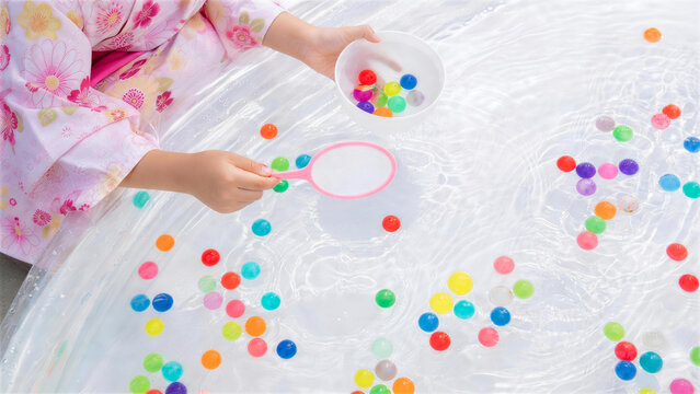 夏祭りでスーパーボールすくいを楽しむ浴衣の子どもの手元
