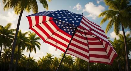 American flag umbrella on tropical beach with palm trees at sunset