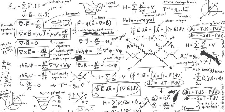 Handwritten physics and mathematics formulas and equations on a page