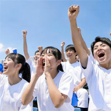 青空の球場で夏の高校野球を応援する日本人学生たち