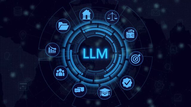 LLM word with icons as vector illustration. AI concept of Large Language Models. 4k motion video. Technology network background concept.