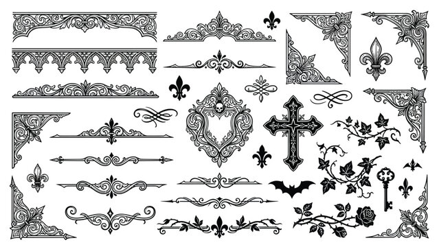 Ornate gothic vintage decorative elements collection featuring borders, corners, dividers, a cross, fleur-de-lis, and intricate floral motifs.