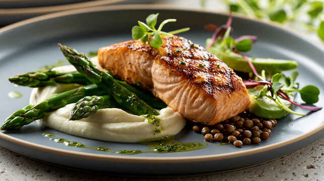Metabolic wellness tasting plate with grilled salmon cauliflower puree asparagus avocado lentils and herb oil for luxury nutrition