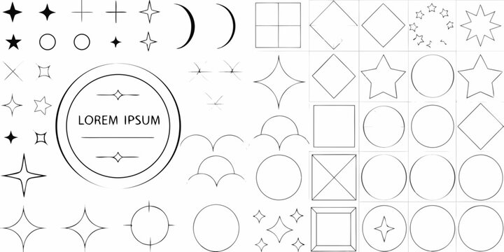 Collection Of Geometric Shapes And Stars Black Line Vector Illustration
