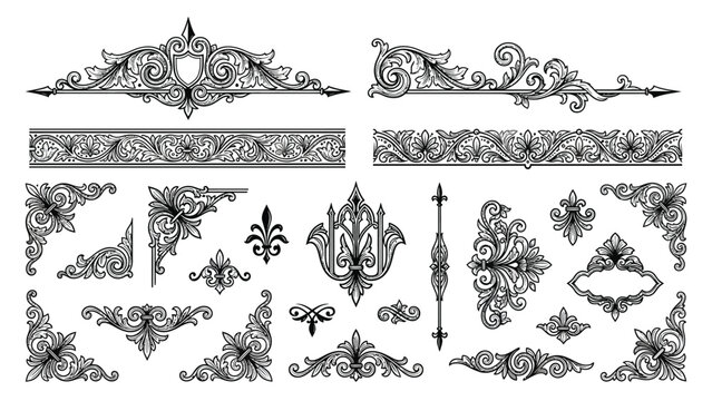 Collection of ornate vintage baroque and rococo style decorative elements, borders, corners, and flourishes for elegant design projects.