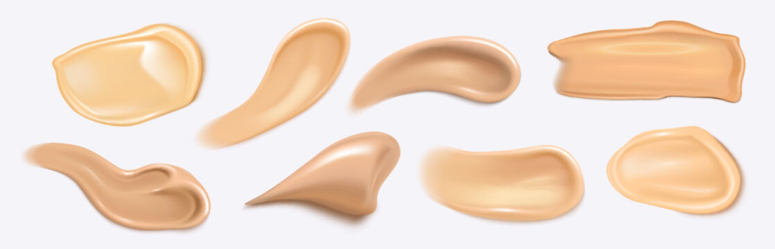 3d realistic foundation cream swatches with smooth texture, vector set isolated on white background. Beige cosmetic smears, makeup concealer strokes for beauty or skincare product design
