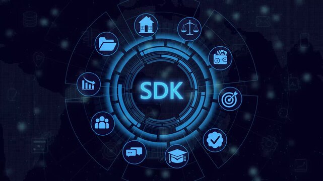 SDK Software Development Kit Enabling Application Development, projection on a virtual screen, Business and Technology Concept. 4k motion isolated on technology background.