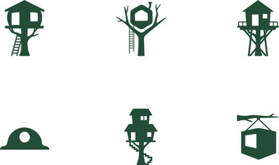 Collection of stylized dark green treehouse and shelter icons with ladders isolated on transparent background © Kahima