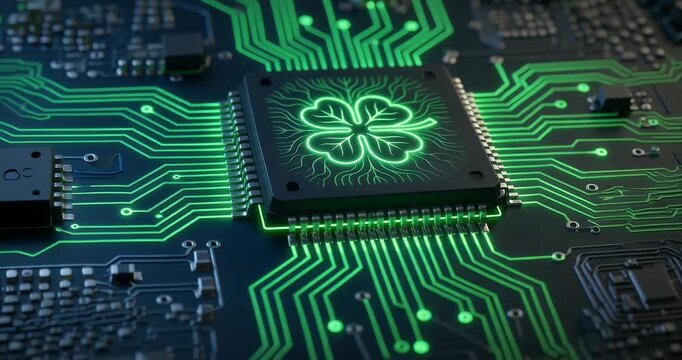 Close-up of a glowing green four-leaf clover symbol on a microchip embedded in a circuit board, representing digital luck and technology.